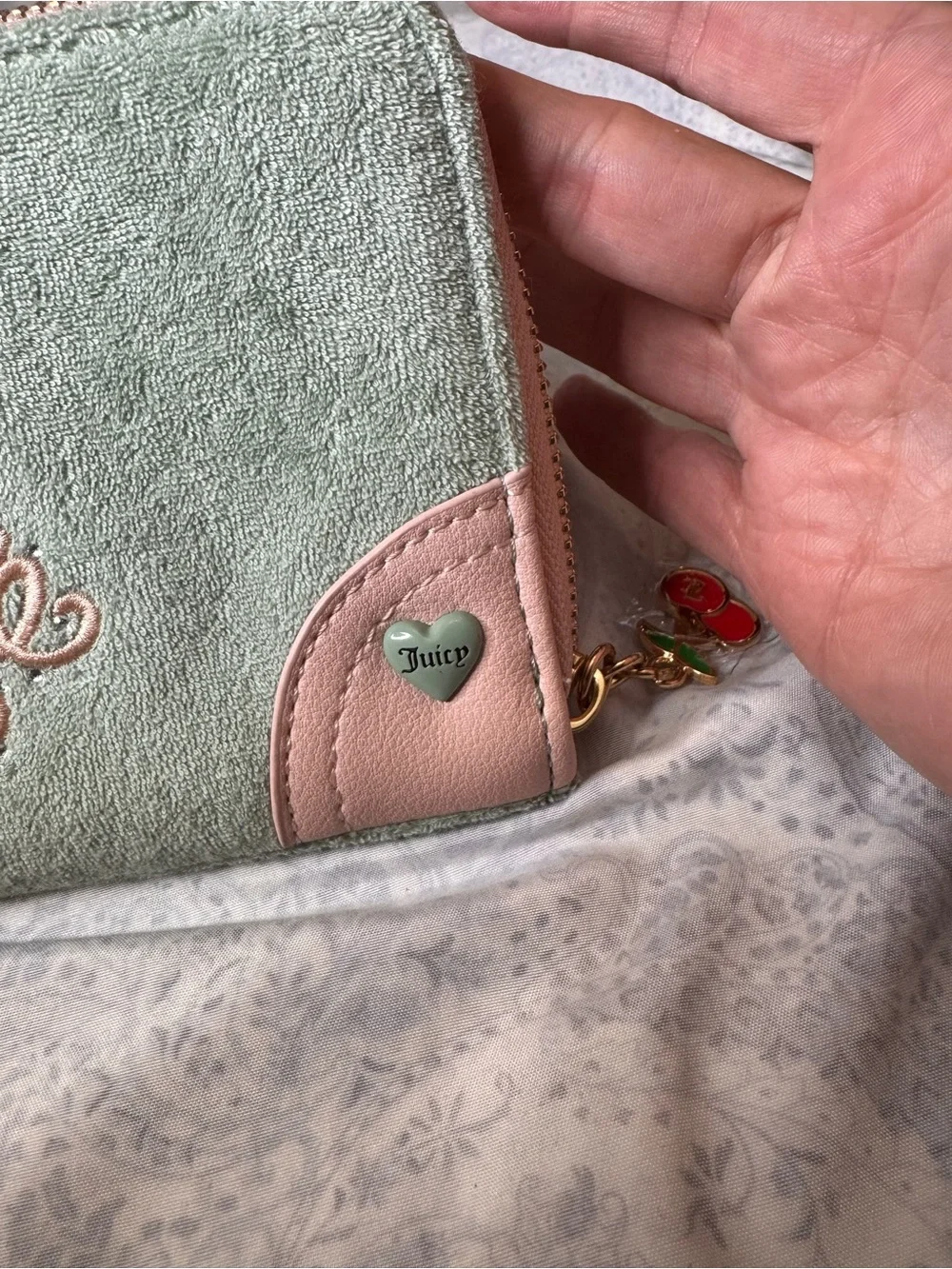 Juicy Couture Soft Terrycloth Mint with Pink Embroidered Logo Wristlet Wallet
